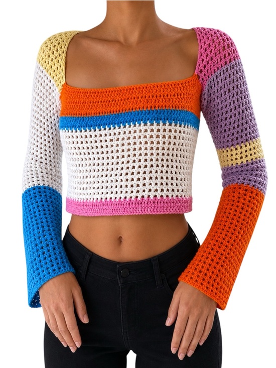Tops - Colorblock Crochet Knit Bell Sleeve Sweater Top